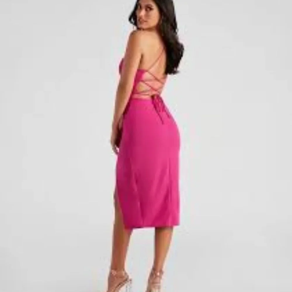 8-NWOT HALARA LACE UP BODYCON MIDI DRESS - Picture 2 of 4